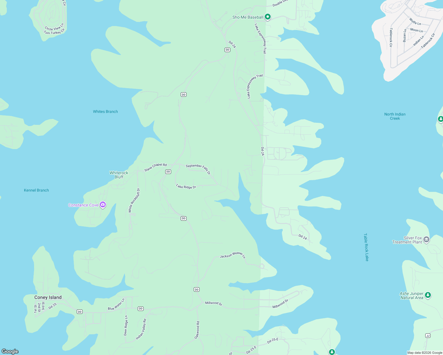 map of restaurants, bars, coffee shops, grocery stores, and more near Fox Ridge Circle in Stone County