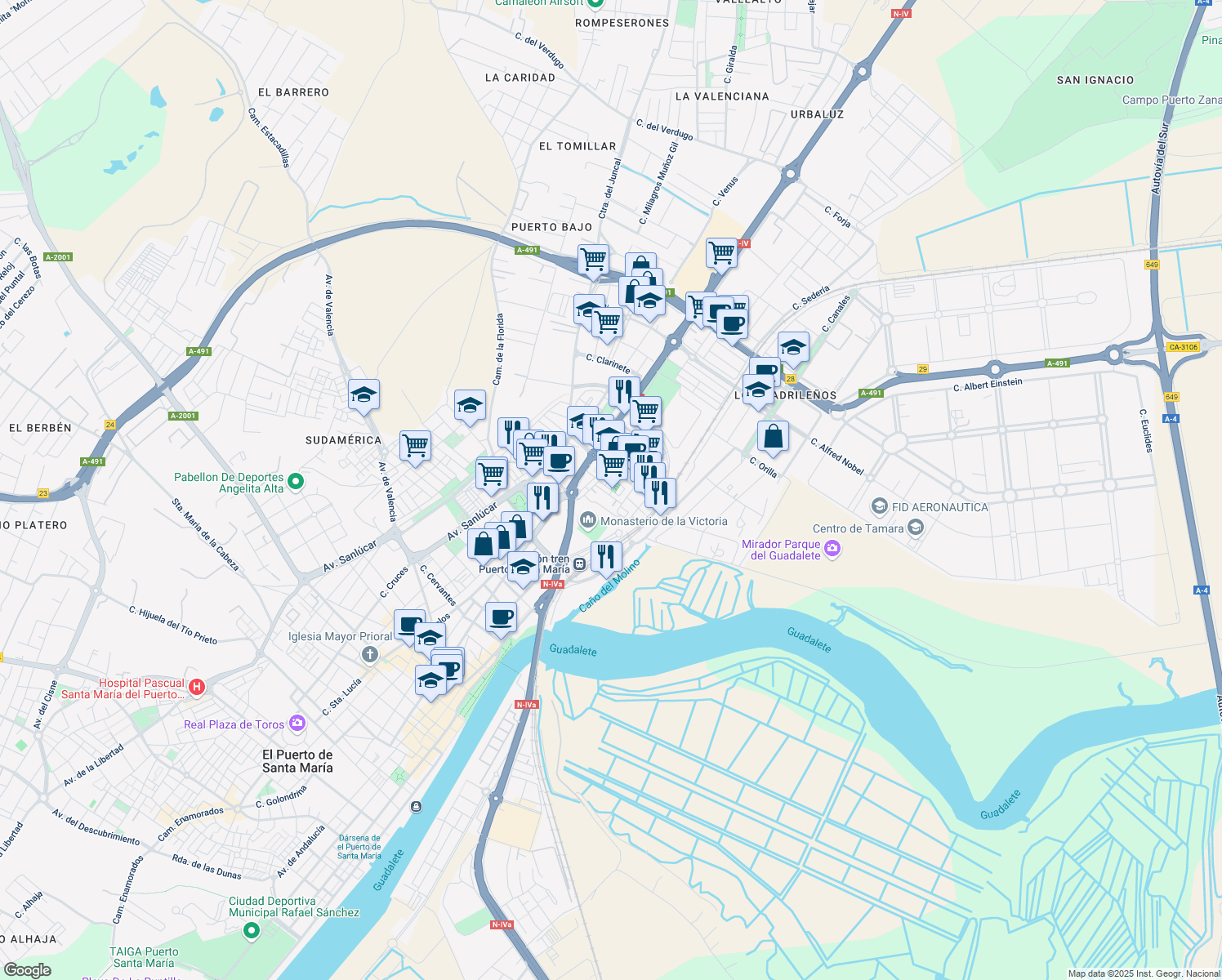 map of restaurants, bars, coffee shops, grocery stores, and more near 3Acc Calle Andrómeda in El Puerto de Santa María