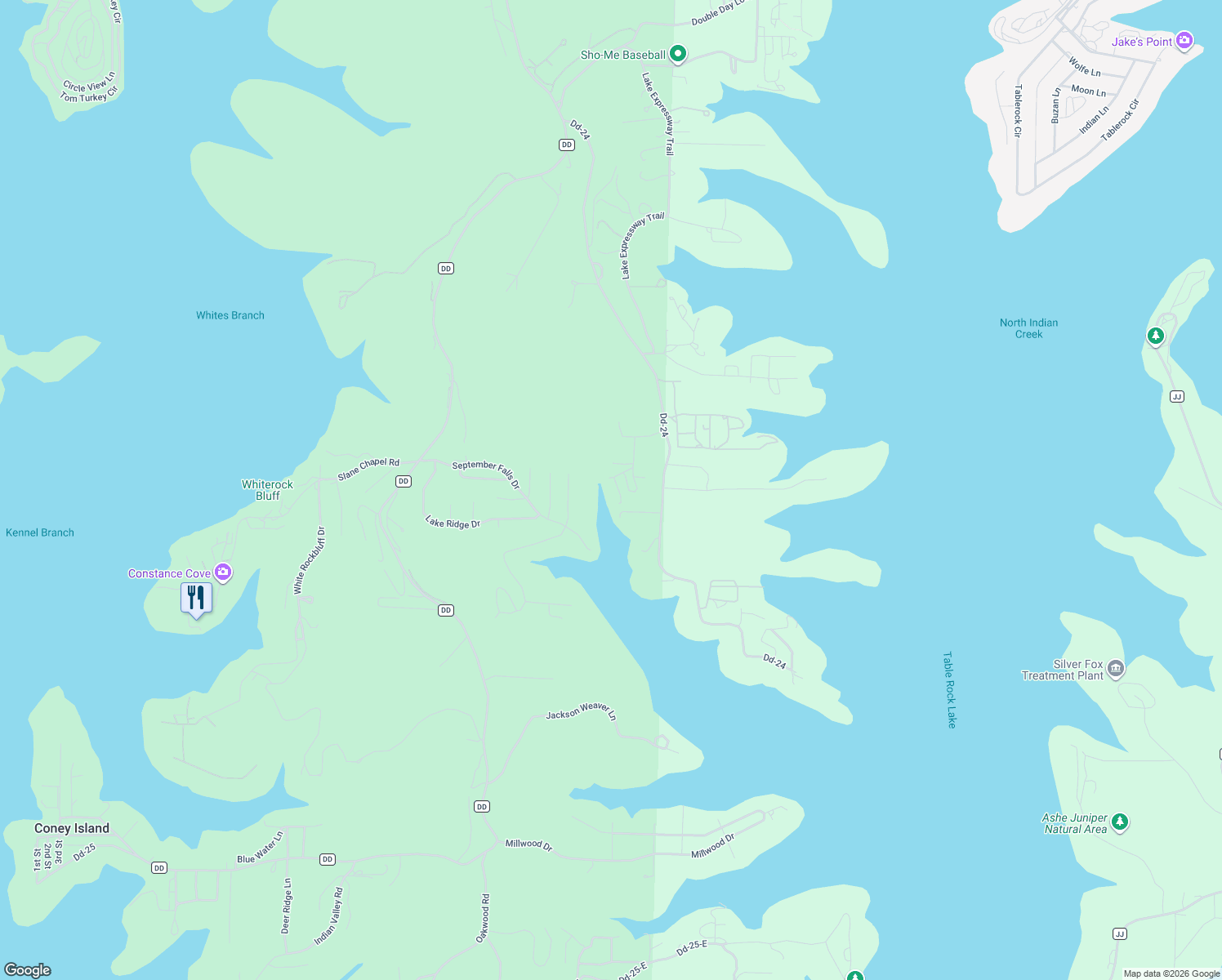map of restaurants, bars, coffee shops, grocery stores, and more near 199 Cedar Cove Road in Branson West