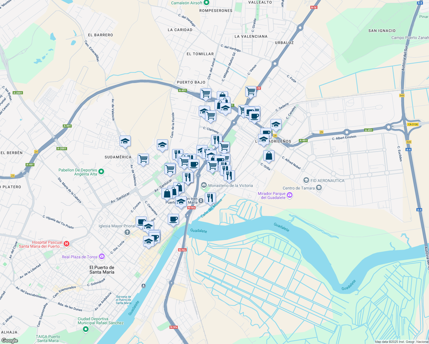 map of restaurants, bars, coffee shops, grocery stores, and more near Calle Andrómeda in El Puerto de Santa María