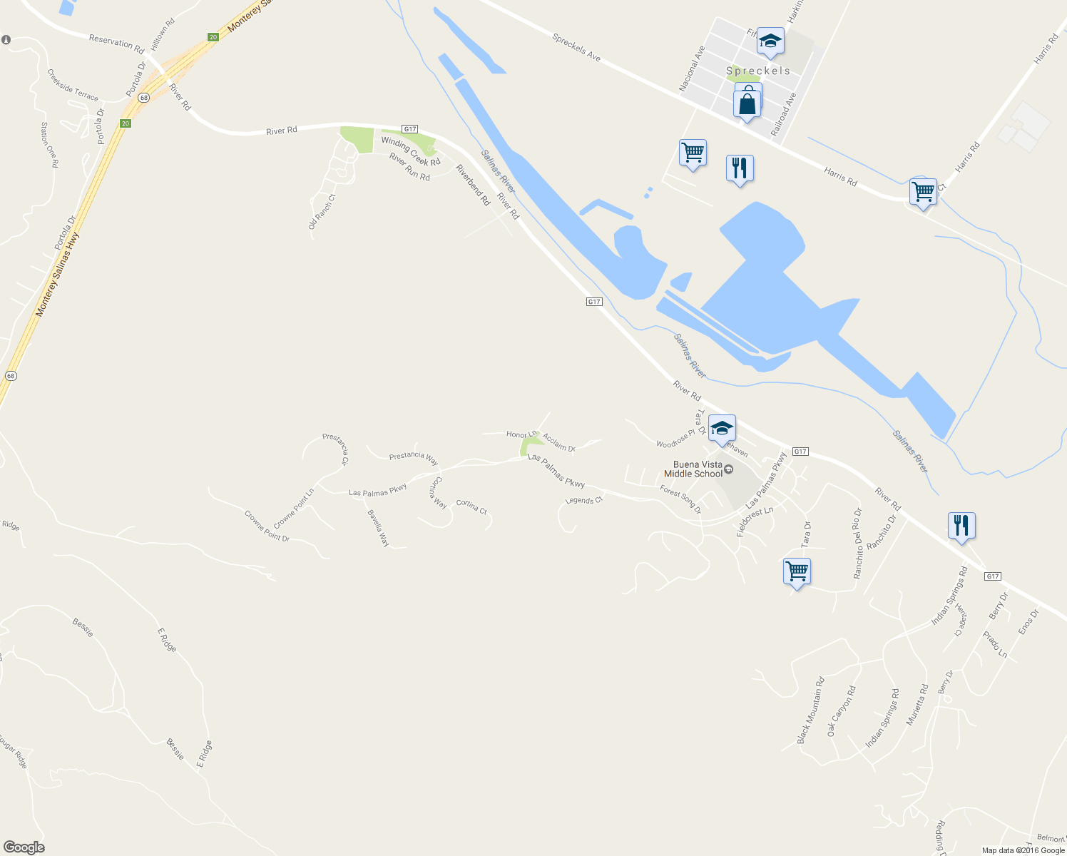 map of restaurants, bars, coffee shops, grocery stores, and more near 26438 Honor Lane in Salinas