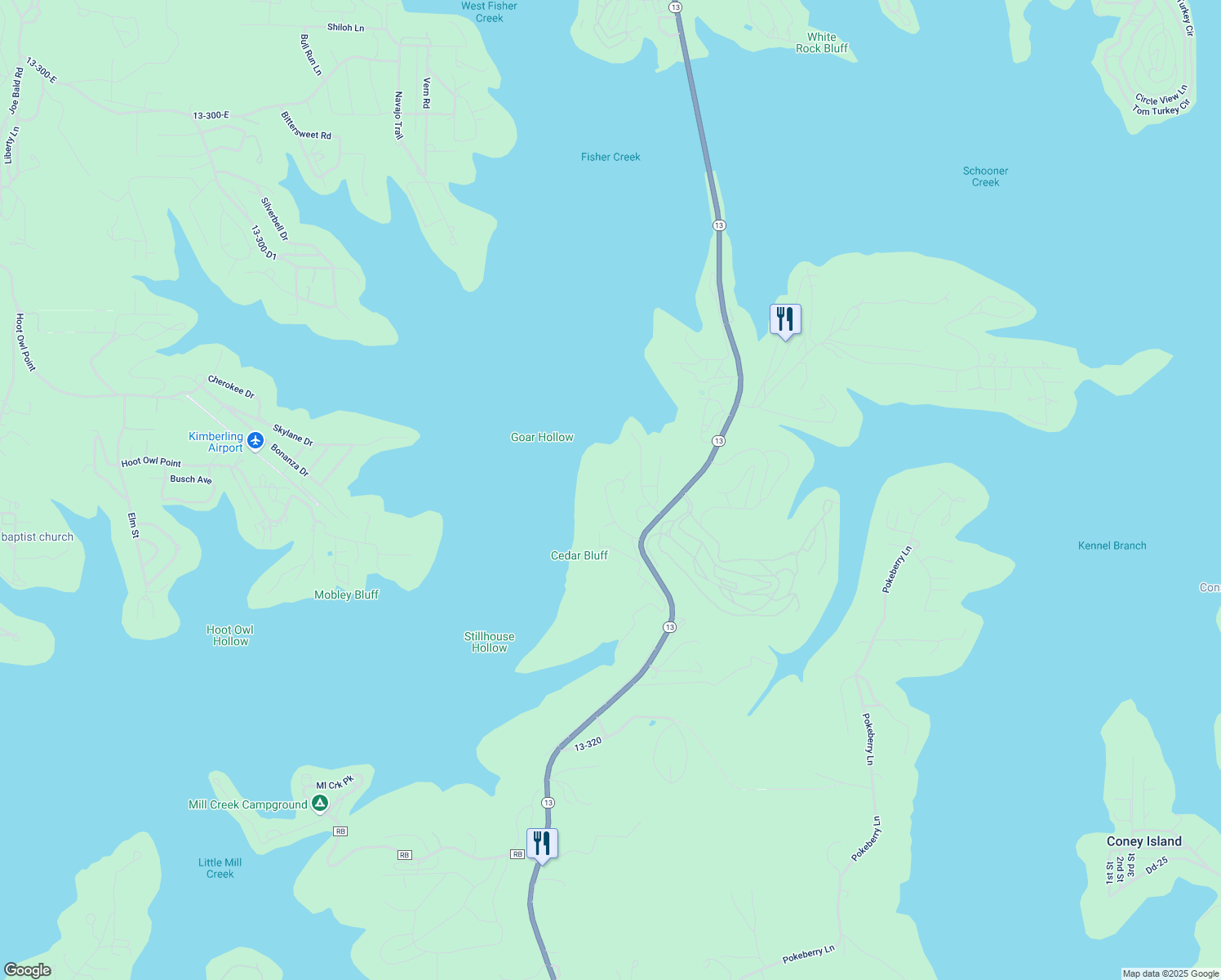 map of restaurants, bars, coffee shops, grocery stores, and more near 322 Whitefish Bay in Kimberling City