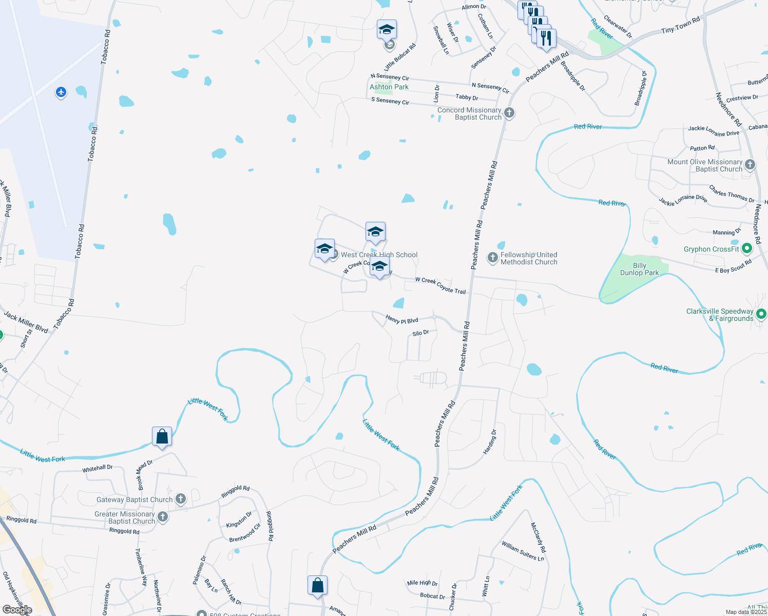 map of restaurants, bars, coffee shops, grocery stores, and more near 1089 Henry Place Boulevard in Clarksville