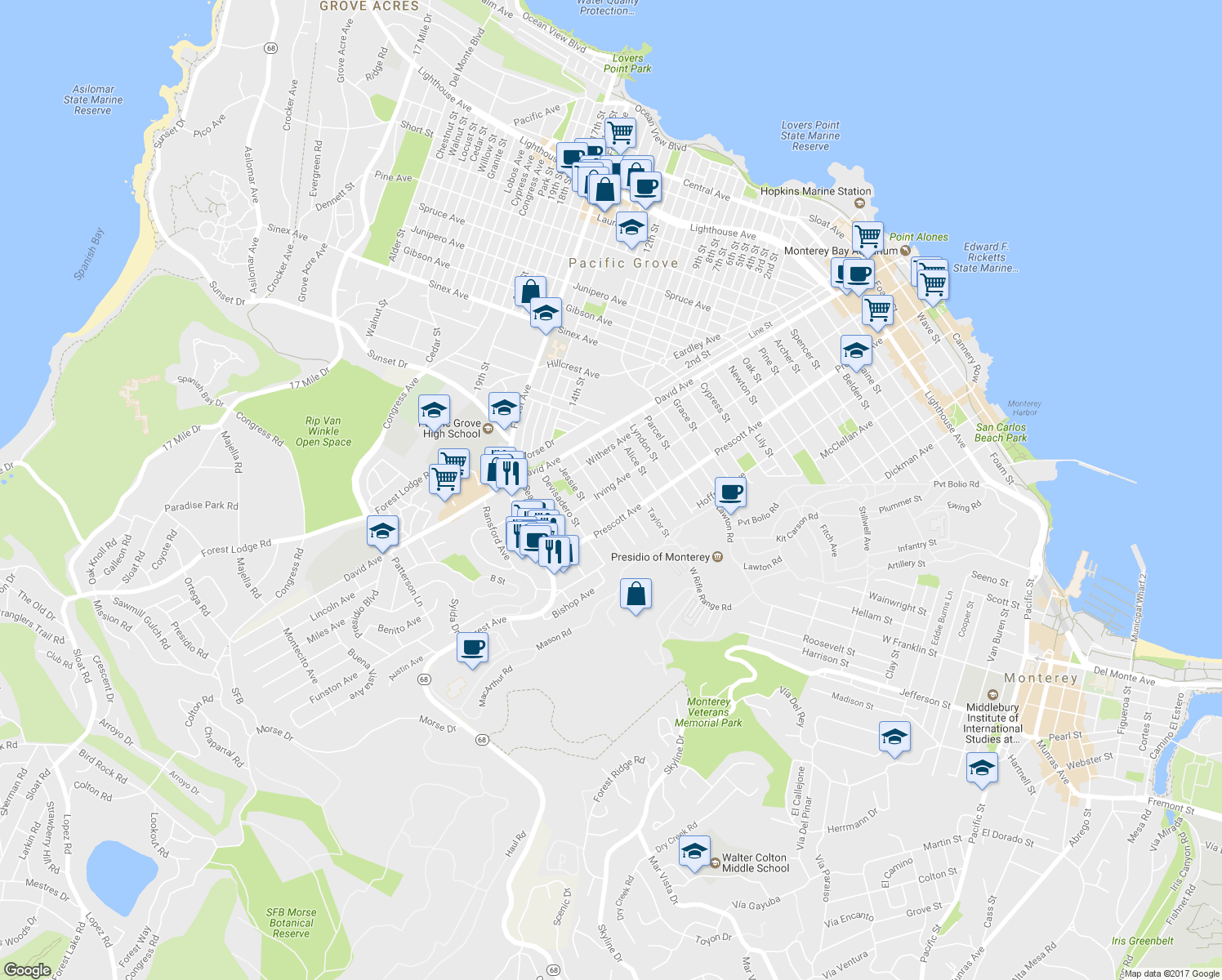 map of restaurants, bars, coffee shops, grocery stores, and more near 799 Lottie Street in Monterey