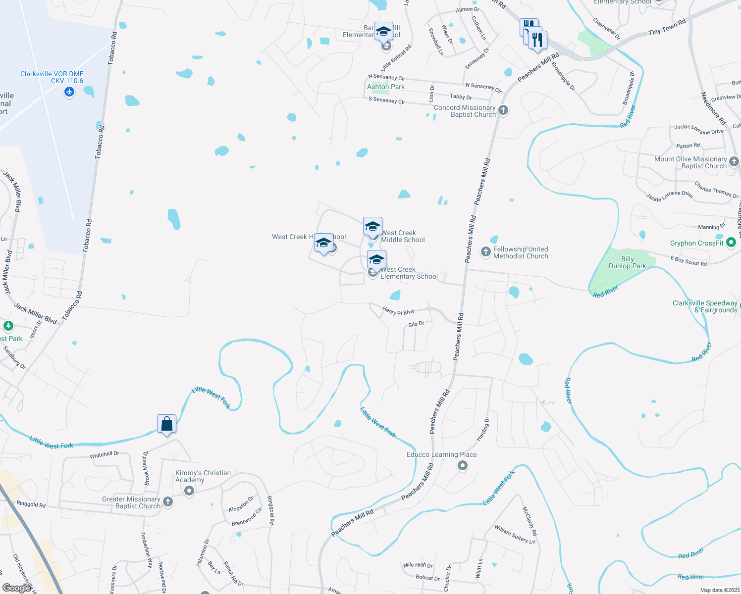 map of restaurants, bars, coffee shops, grocery stores, and more near 1113 Henry Place Boulevard in Clarksville