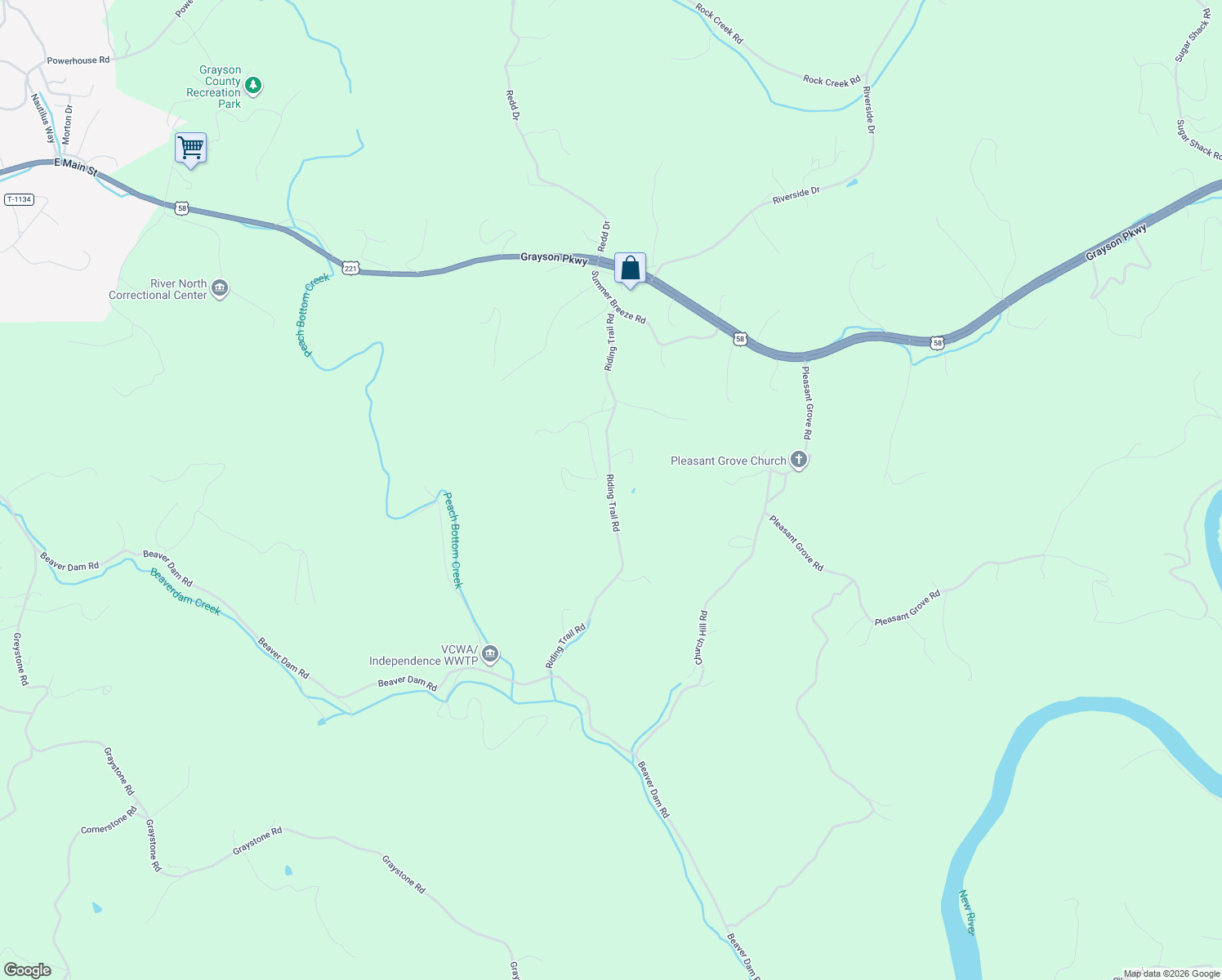 map of restaurants, bars, coffee shops, grocery stores, and more near Riding Trail Road in Grayson County