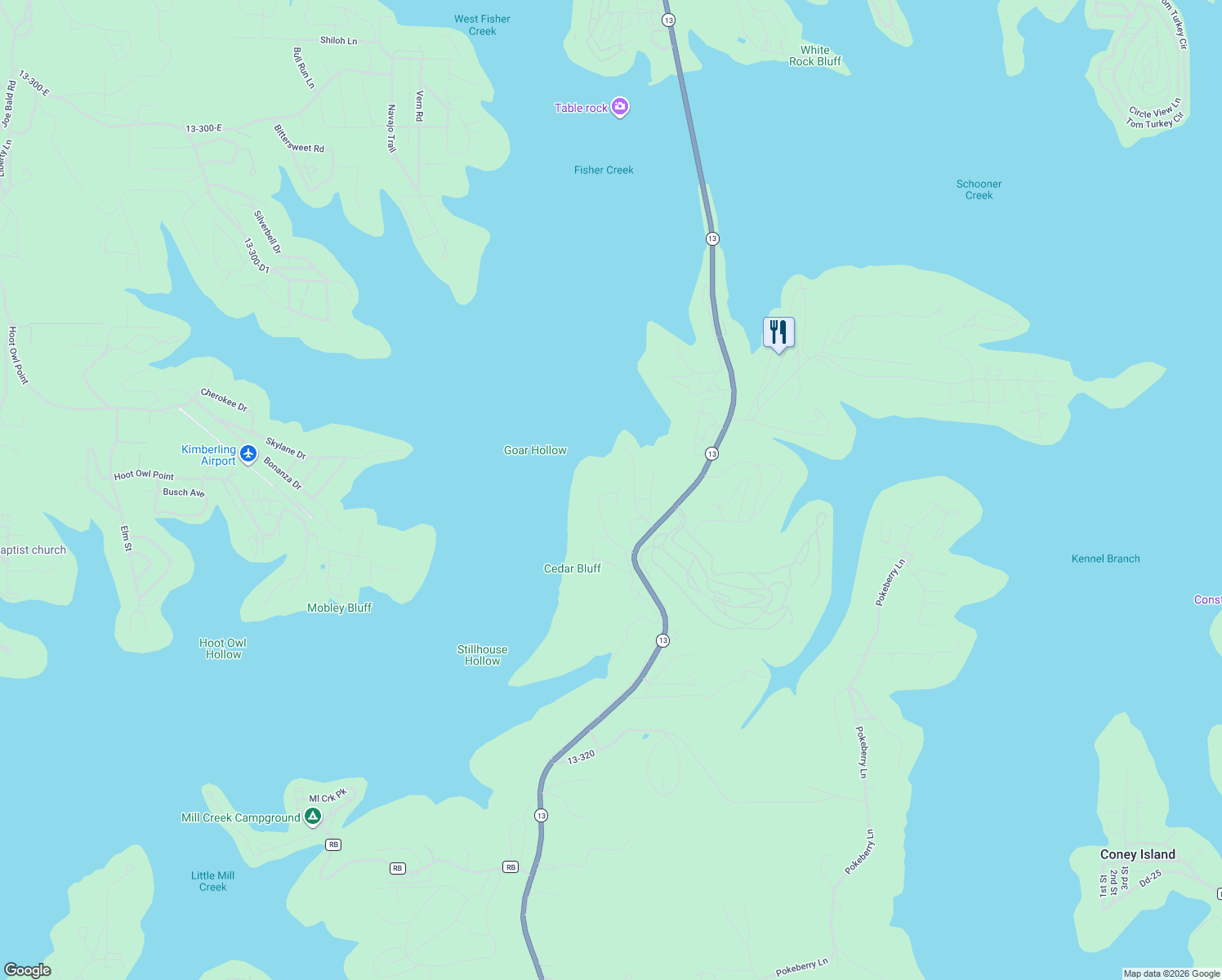 map of restaurants, bars, coffee shops, grocery stores, and more near 163 Shoreline Lane in Kimberling City