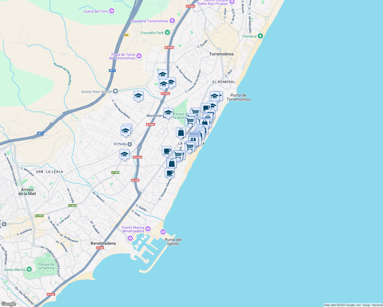 map of restaurants, bars, coffee shops, grocery stores, and more near Plaza del Remo in Torremolinos