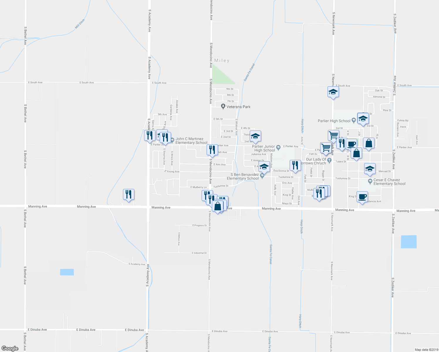 map of restaurants, bars, coffee shops, grocery stores, and more near 13540 East Cypress Avenue in Parlier