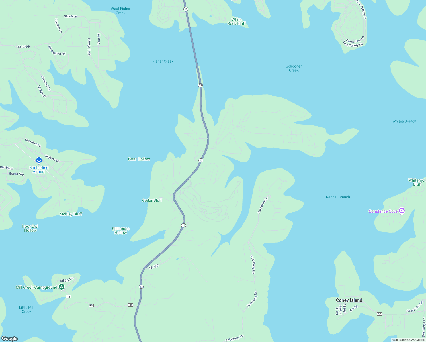 map of restaurants, bars, coffee shops, grocery stores, and more near Kimberling Shores Lane in Kimberling City