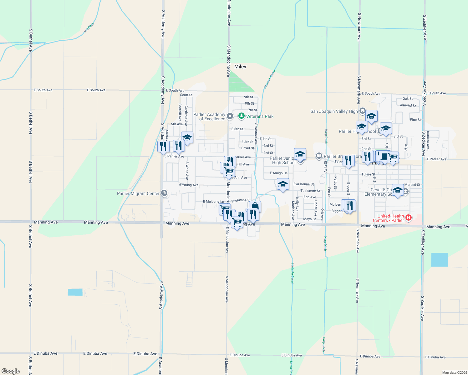 map of restaurants, bars, coffee shops, grocery stores, and more near 13521 East Young Avenue in Parlier
