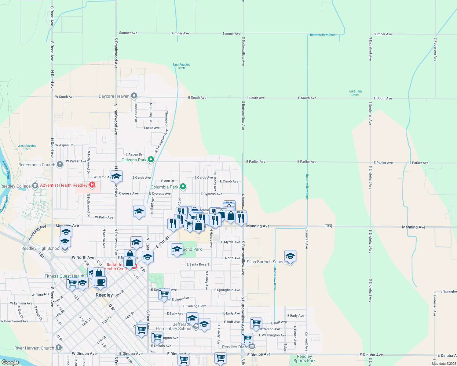 map of restaurants, bars, coffee shops, grocery stores, and more near 1437 North Cedar Avenue in Reedley