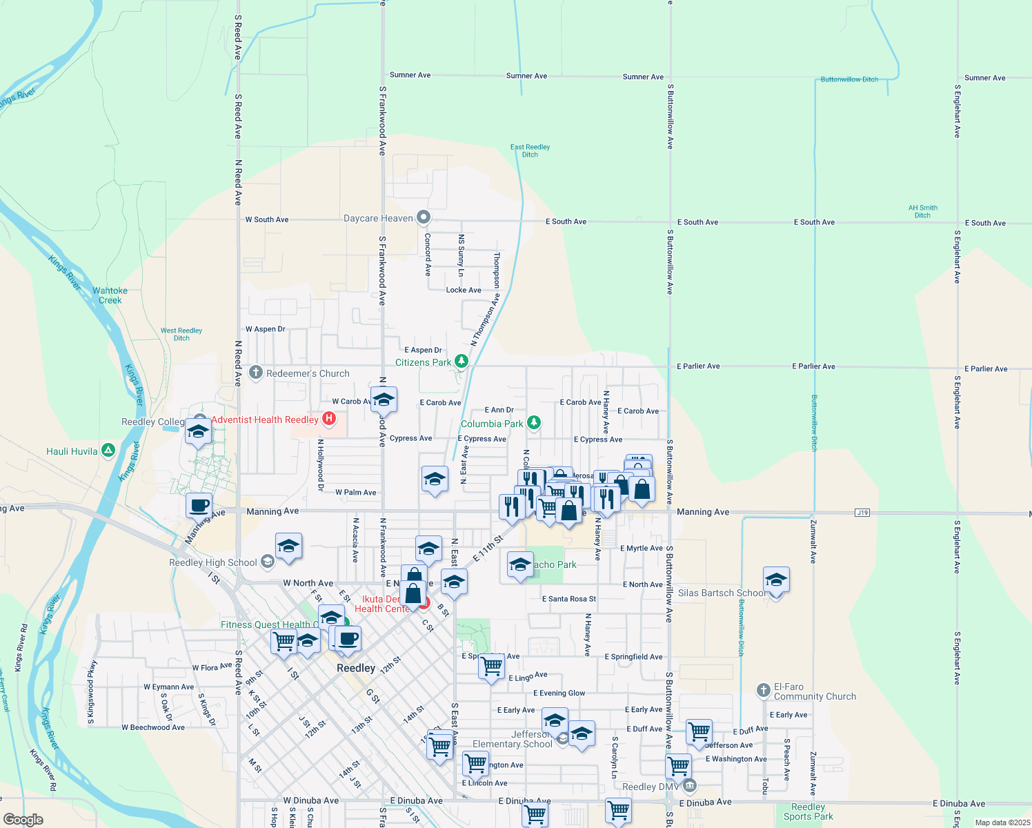 map of restaurants, bars, coffee shops, grocery stores, and more near 1438 North Steven Avenue in Reedley