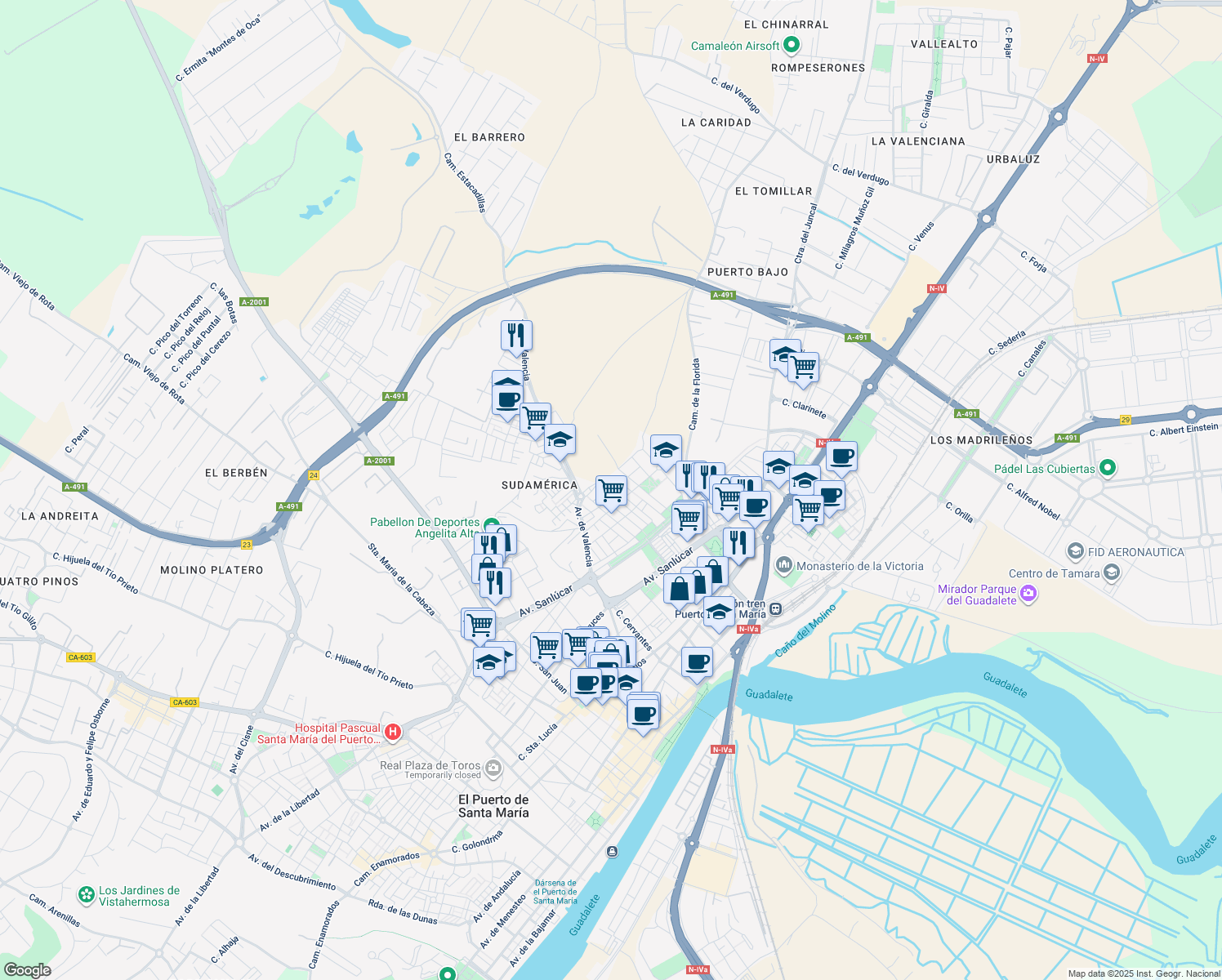 map of restaurants, bars, coffee shops, grocery stores, and more near 7 Calle Valdivia in El Puerto de Santa María