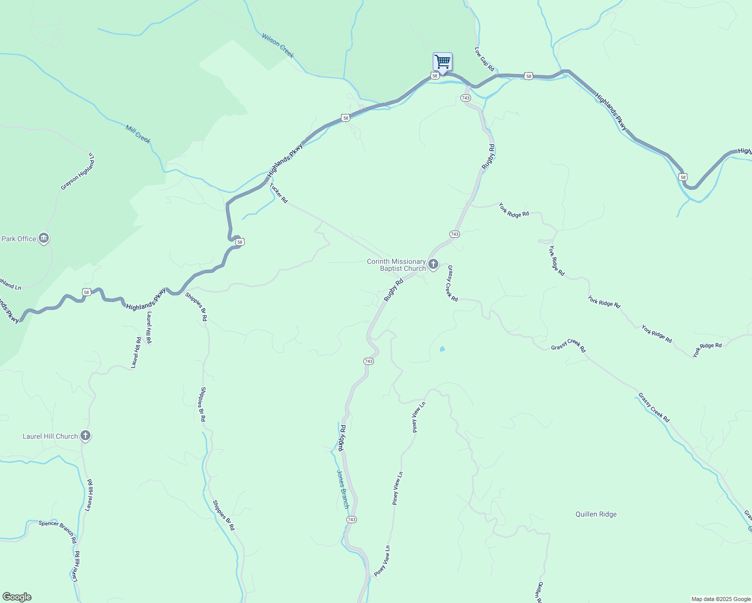 map of restaurants, bars, coffee shops, grocery stores, and more near 1314 Rugby Road in Mouth of Wilson