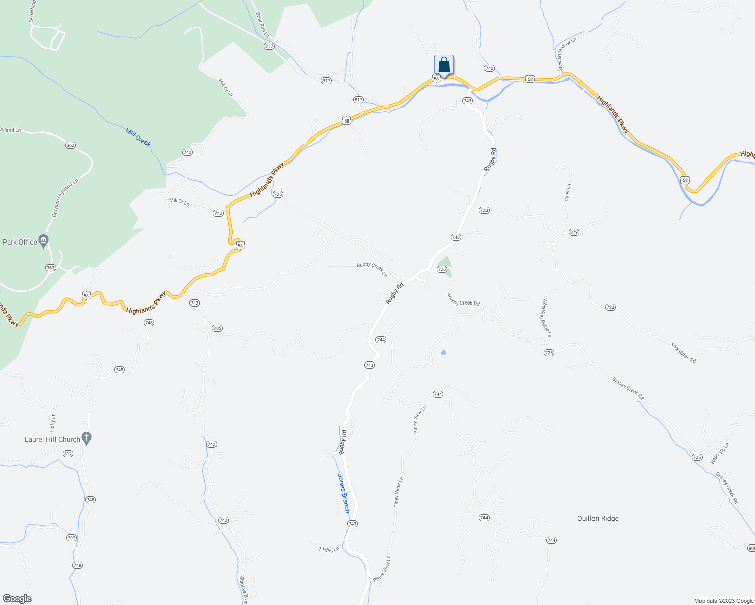 map of restaurants, bars, coffee shops, grocery stores, and more near 1314 Rugby Road in Mouth of Wilson