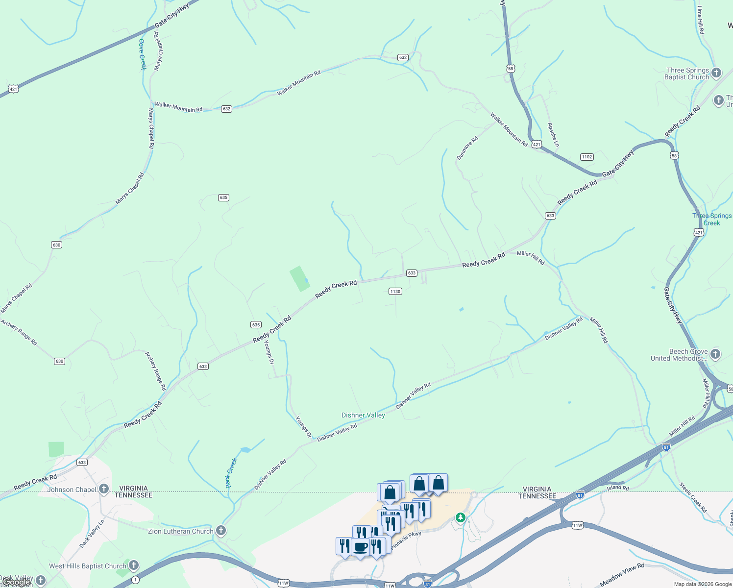 map of restaurants, bars, coffee shops, grocery stores, and more near 5062 Reedy Creek Road in Bristol