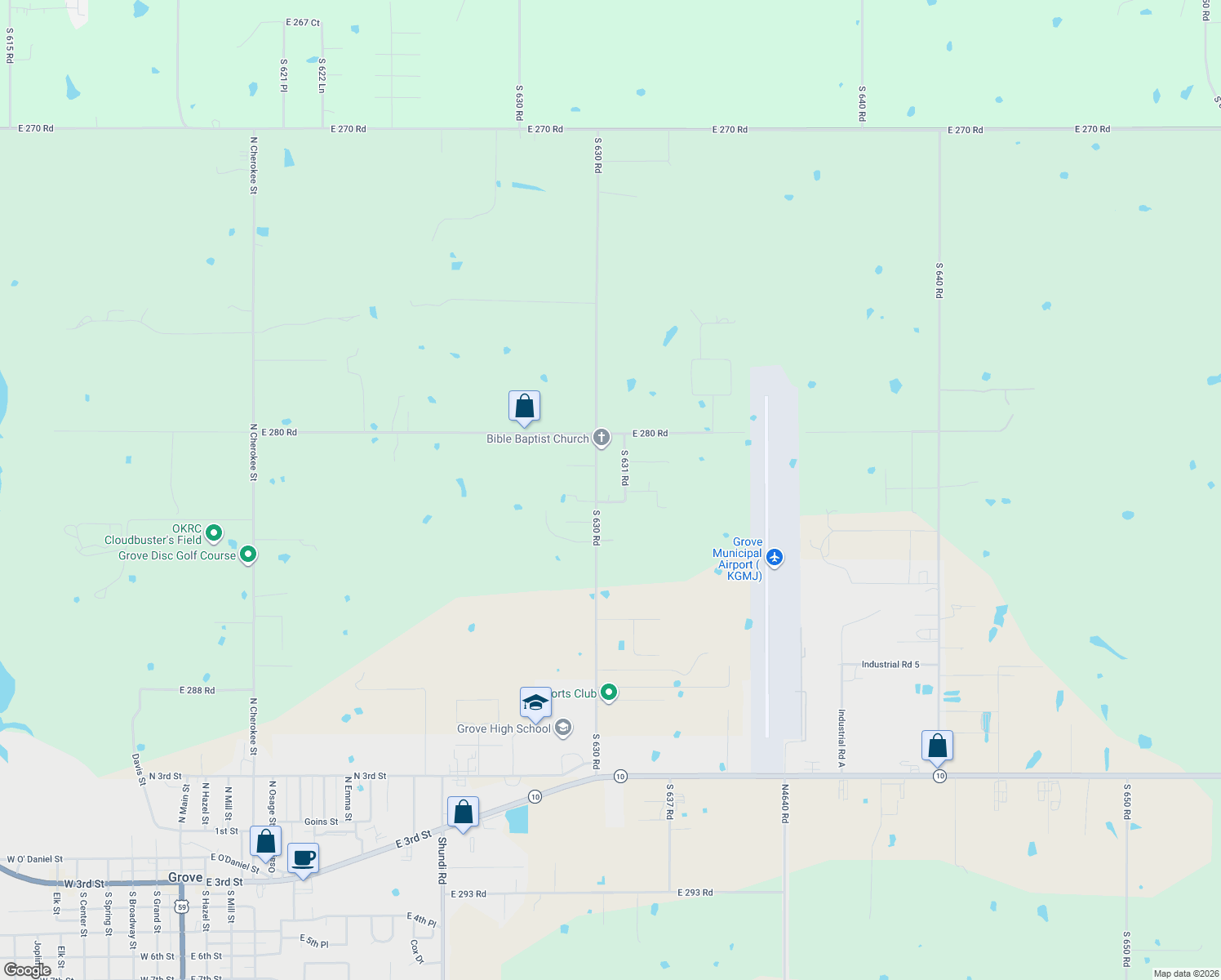 map of restaurants, bars, coffee shops, grocery stores, and more near 63150 East 282 Road in Grove