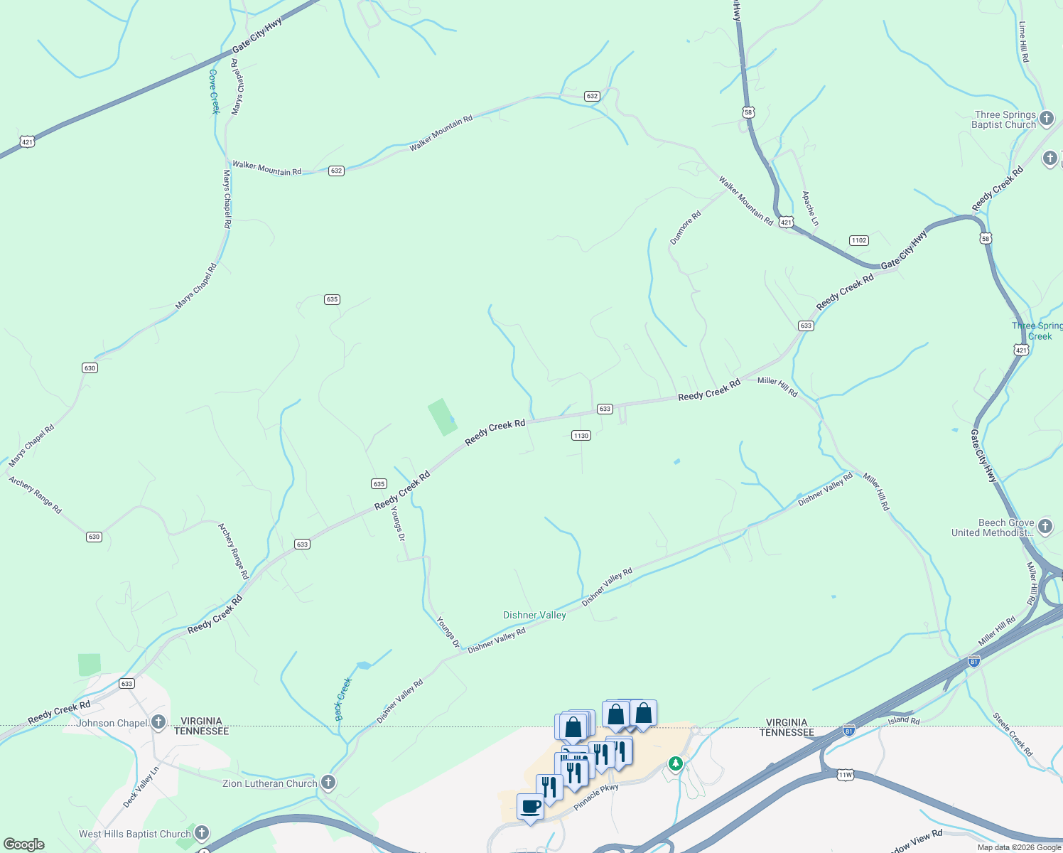 map of restaurants, bars, coffee shops, grocery stores, and more near 5062 Reedy Creek Road in Bristol