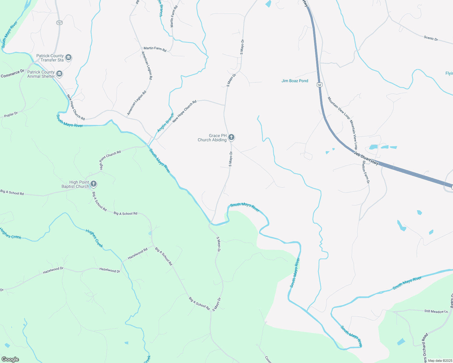 map of restaurants, bars, coffee shops, grocery stores, and more near South Mayo Drive in Patrick County
