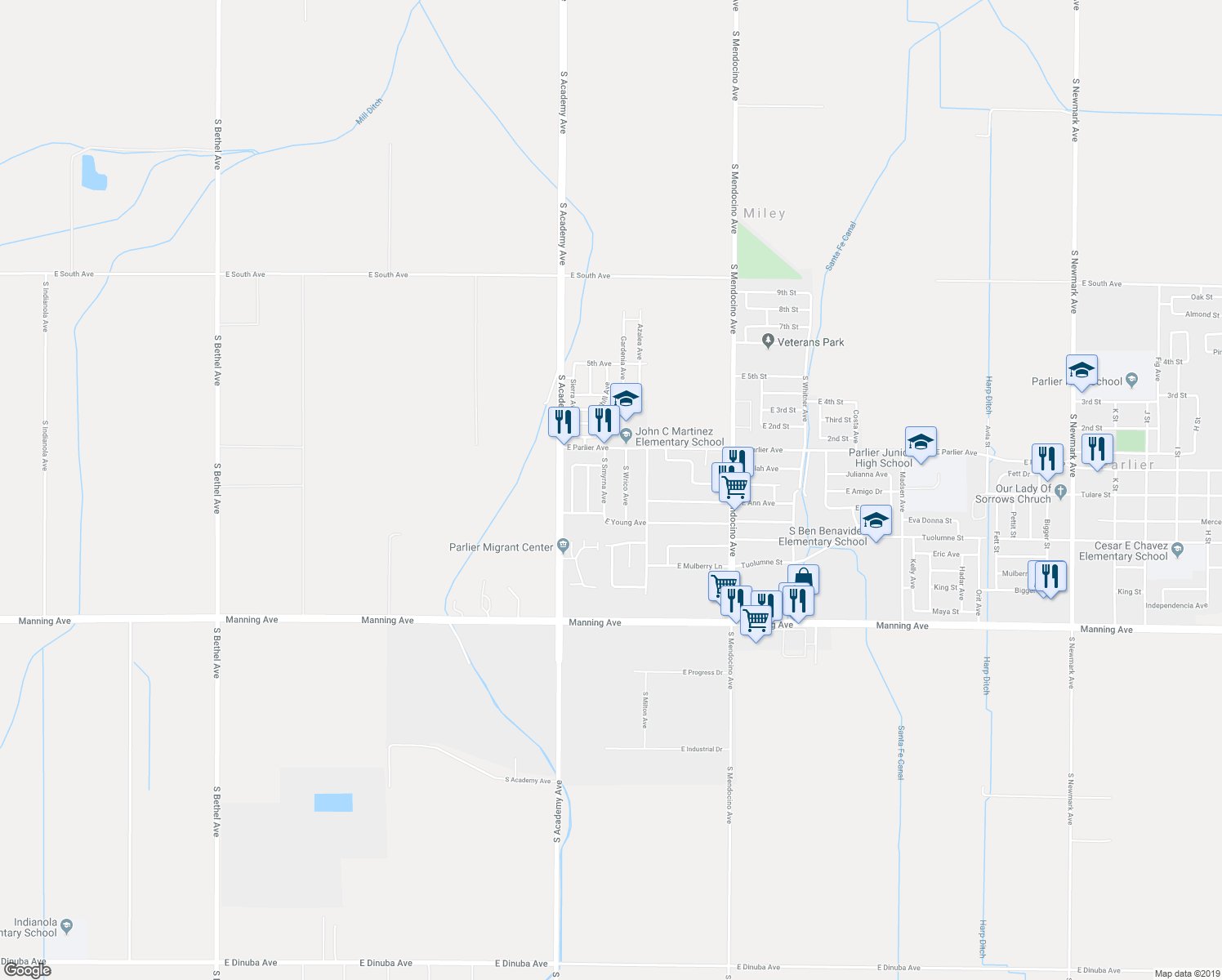 map of restaurants, bars, coffee shops, grocery stores, and more near 8590 South Smyrna Avenue in Parlier