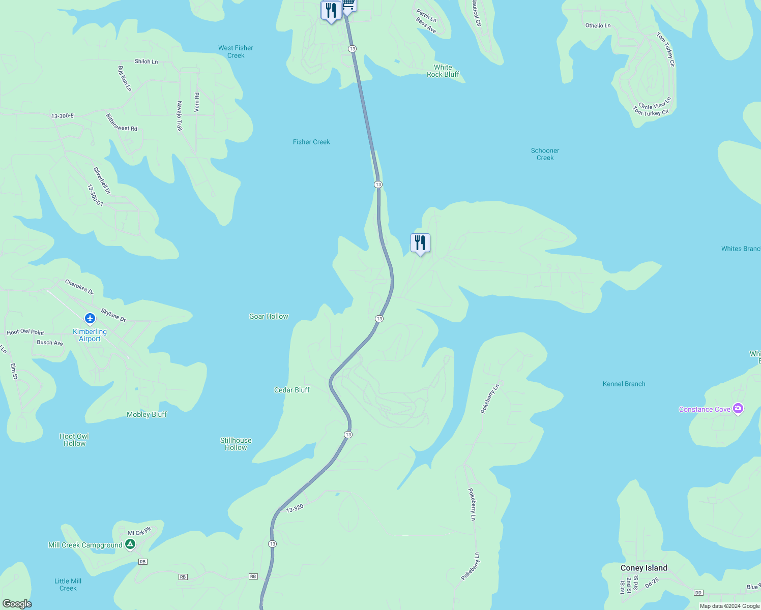 map of restaurants, bars, coffee shops, grocery stores, and more near 130 Kimberling Shores Lane in Kimberling City