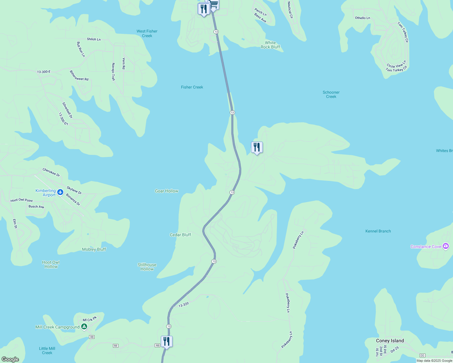 map of restaurants, bars, coffee shops, grocery stores, and more near 130 Kimberling Shores Lane in Kimberling City