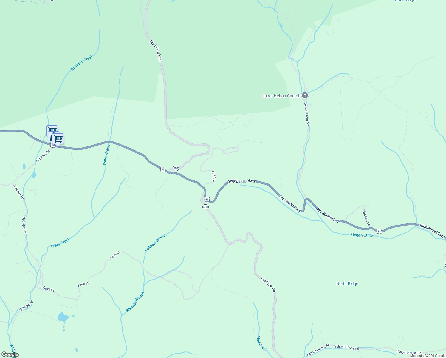 map of restaurants, bars, coffee shops, grocery stores, and more near 14475 Highlands Parkway in Whitetop