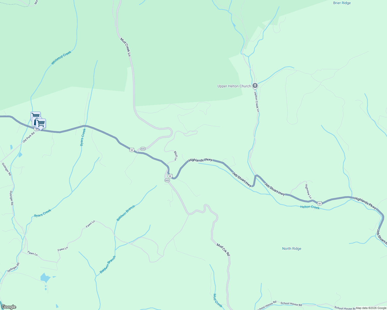 map of restaurants, bars, coffee shops, grocery stores, and more near 14475 Highlands Parkway in Whitetop