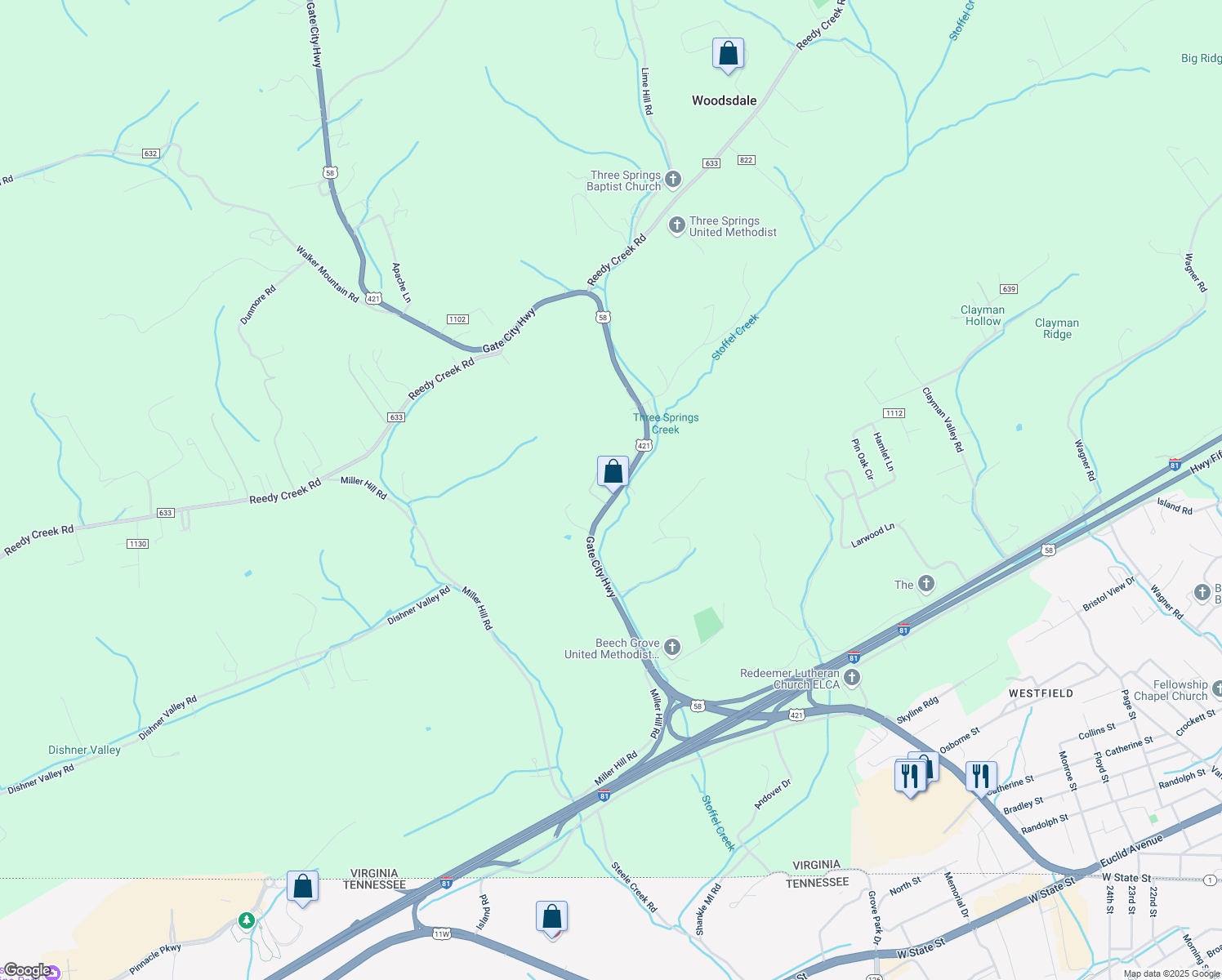 map of restaurants, bars, coffee shops, grocery stores, and more near 6846 Gate City Highway in Bristol