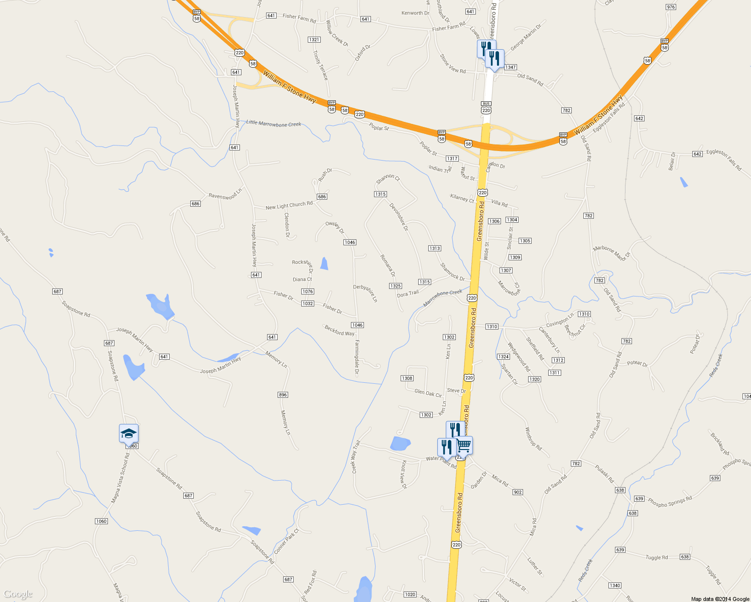 map of restaurants, bars, coffee shops, grocery stores, and more near 198 Derbyshire Lane in Martinsville