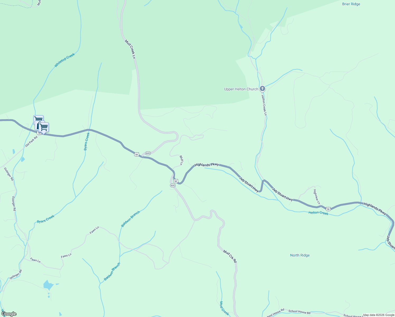 map of restaurants, bars, coffee shops, grocery stores, and more near 14475 Highlands Parkway in Whitetop