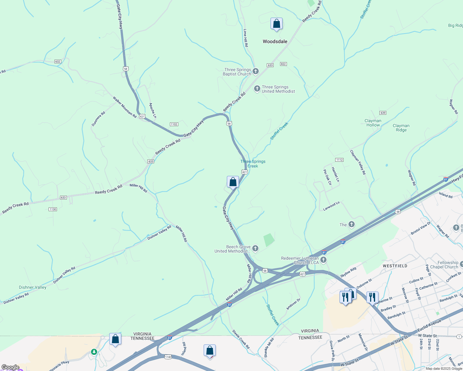 map of restaurants, bars, coffee shops, grocery stores, and more near 6846 Gate City Hwy in Bristol