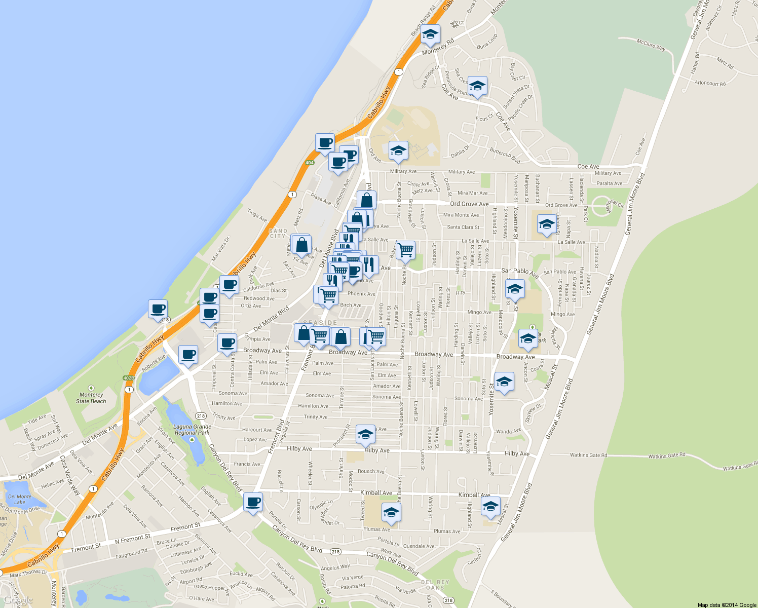map of restaurants, bars, coffee shops, grocery stores, and more near 1713 Goodwin Street in Seaside