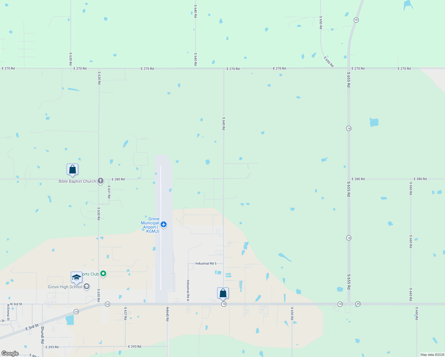 map of restaurants, bars, coffee shops, grocery stores, and more near 63999 E 280 Rd in Grove