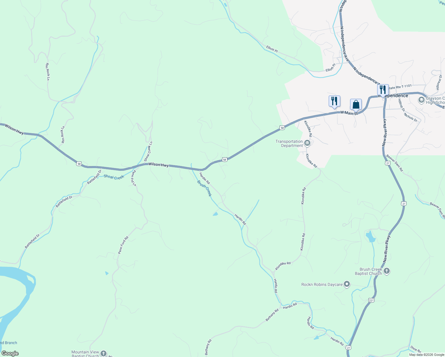 map of restaurants, bars, coffee shops, grocery stores, and more near 109 Sunset Lane in Independence