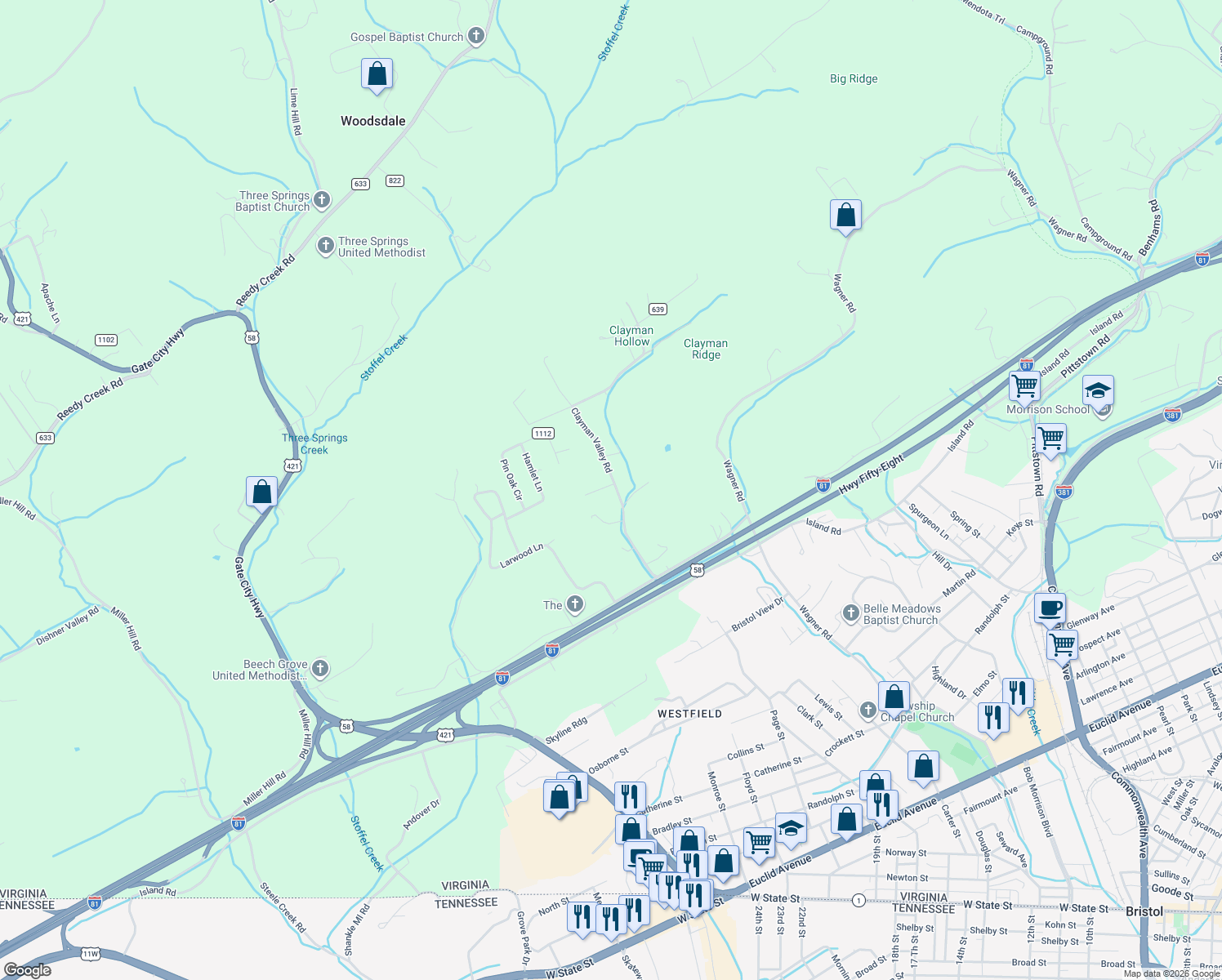 map of restaurants, bars, coffee shops, grocery stores, and more near 23247 Clayman Valley Road in Bristol