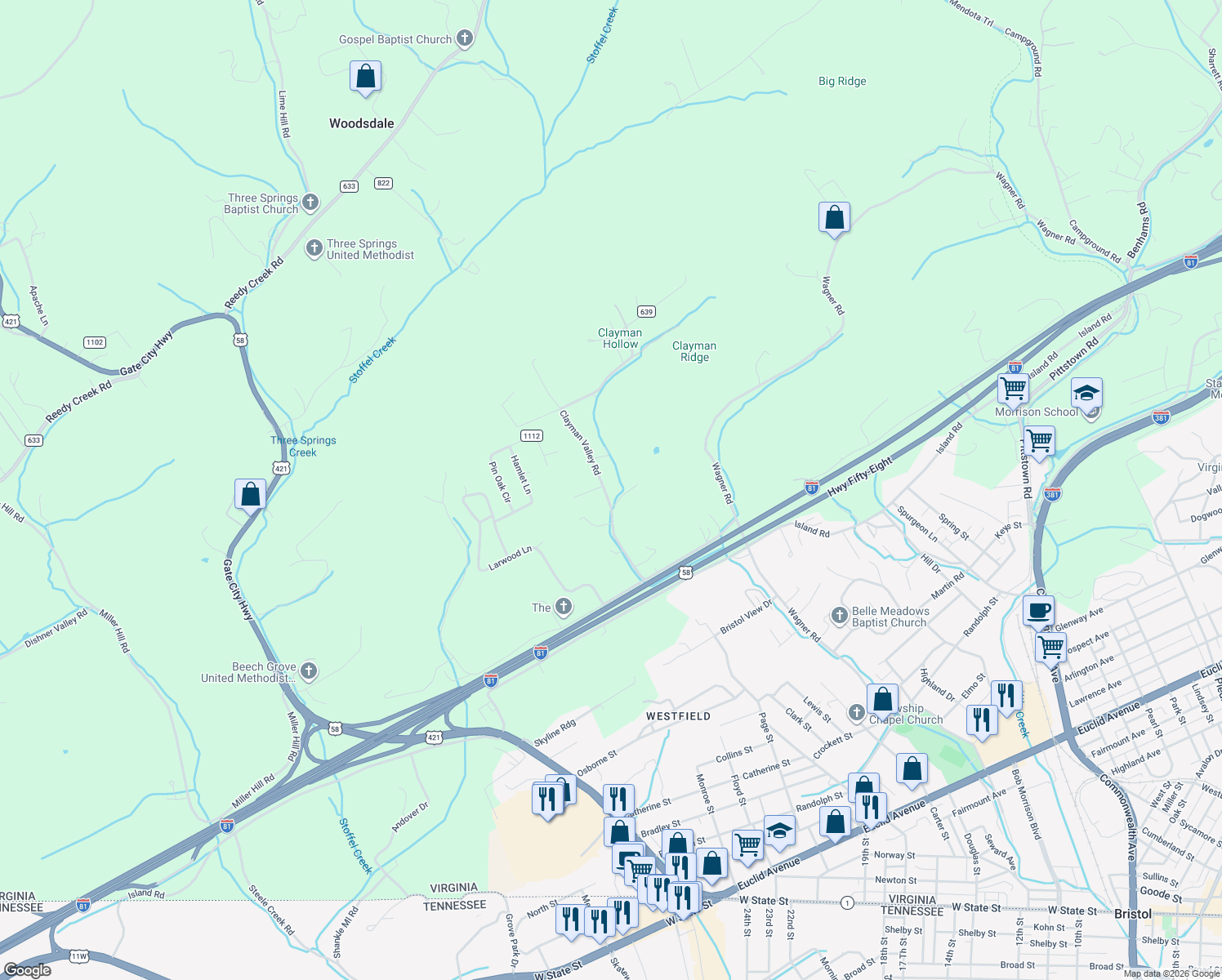 map of restaurants, bars, coffee shops, grocery stores, and more near 23247 Clayman Valley Road in Bristol