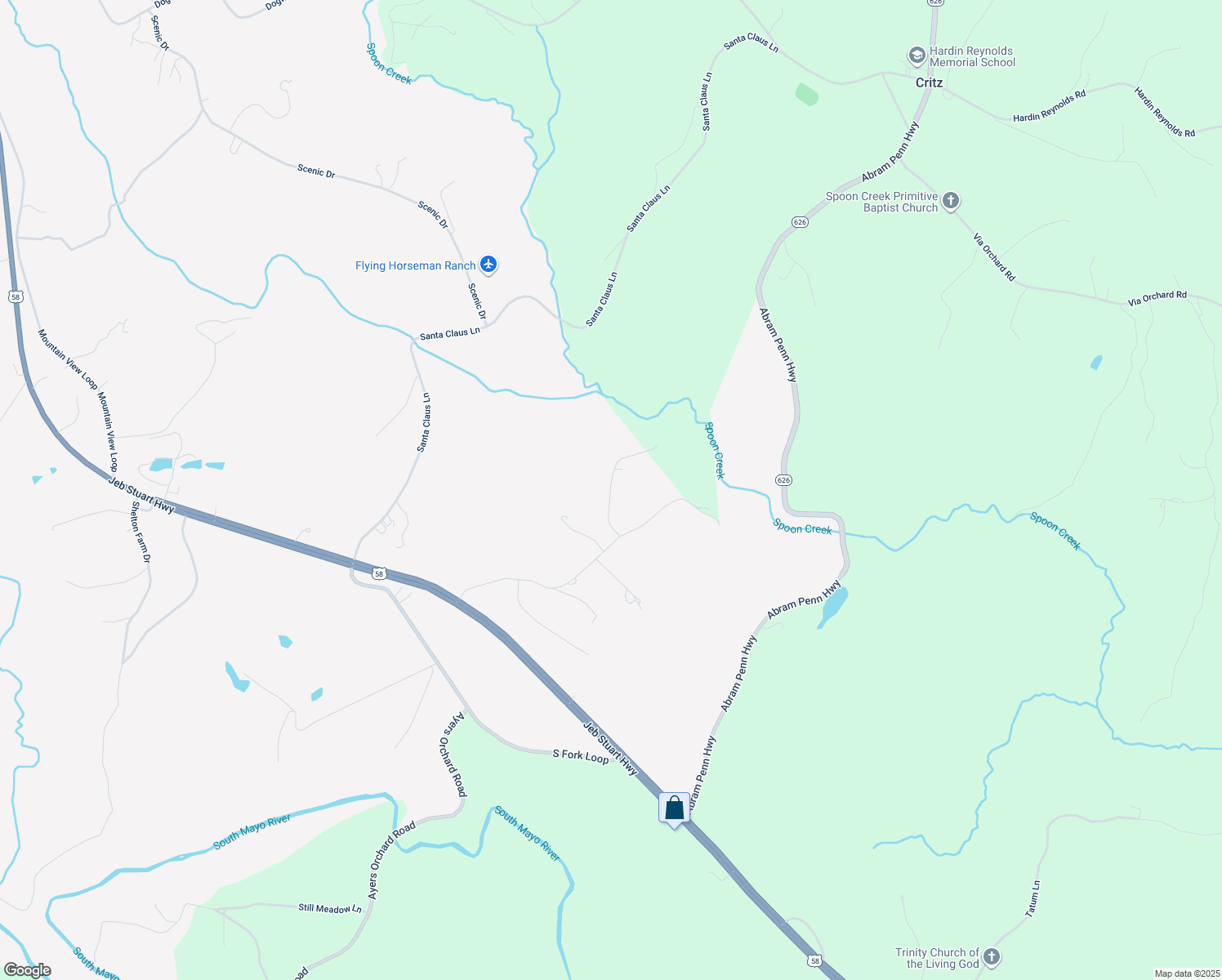 map of restaurants, bars, coffee shops, grocery stores, and more near Bill Doss Lane in Patrick Springs