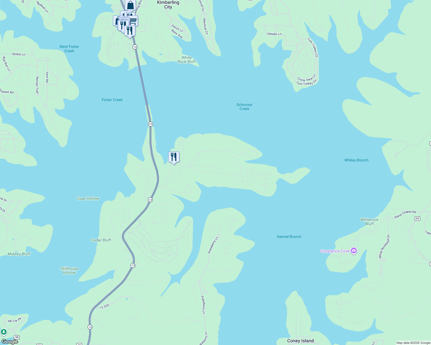 map of restaurants, bars, coffee shops, grocery stores, and more near 13-310 in Stone County
