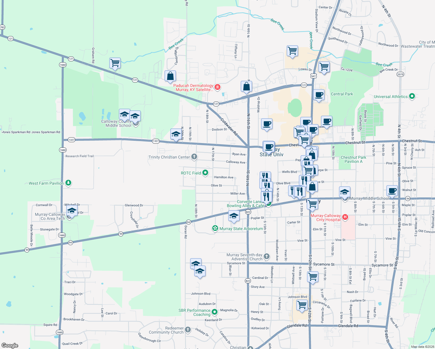 map of restaurants, bars, coffee shops, grocery stores, and more near 1808 Monroe Street in Murray