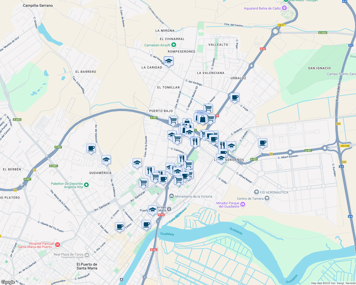 map of restaurants, bars, coffee shops, grocery stores, and more near 6 Calle del Contrabajo in El Puerto de Santa María