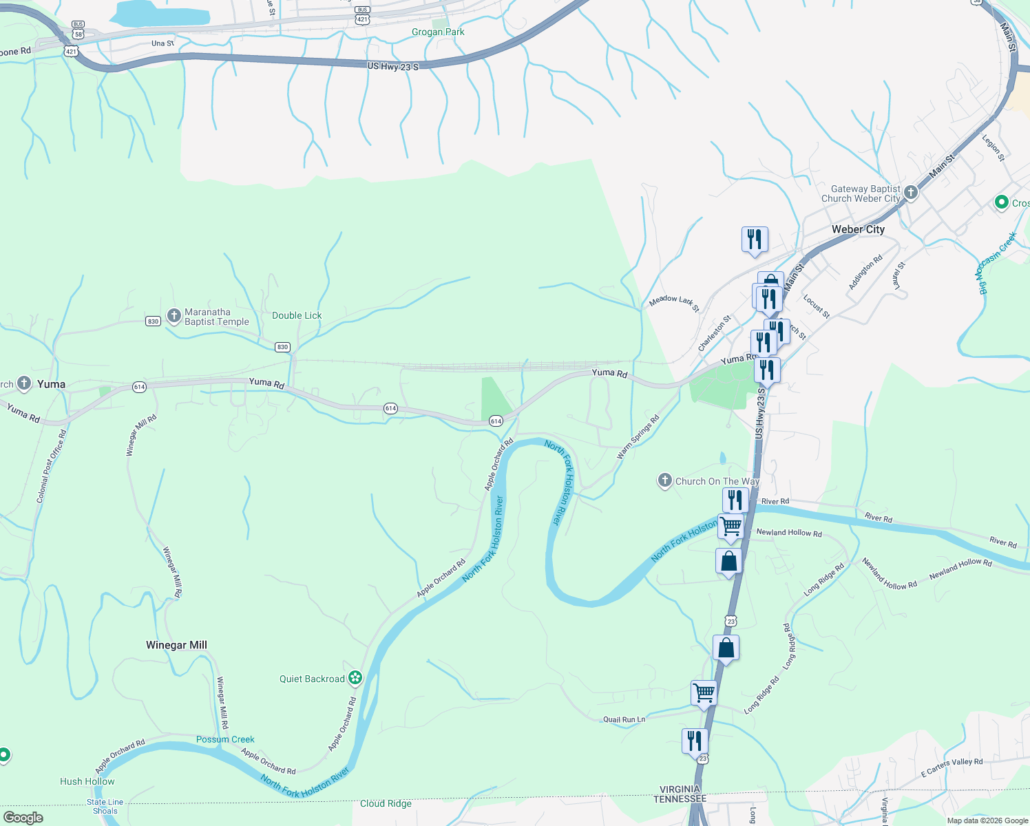 map of restaurants, bars, coffee shops, grocery stores, and more near 1038 Yuma Road in Gate City