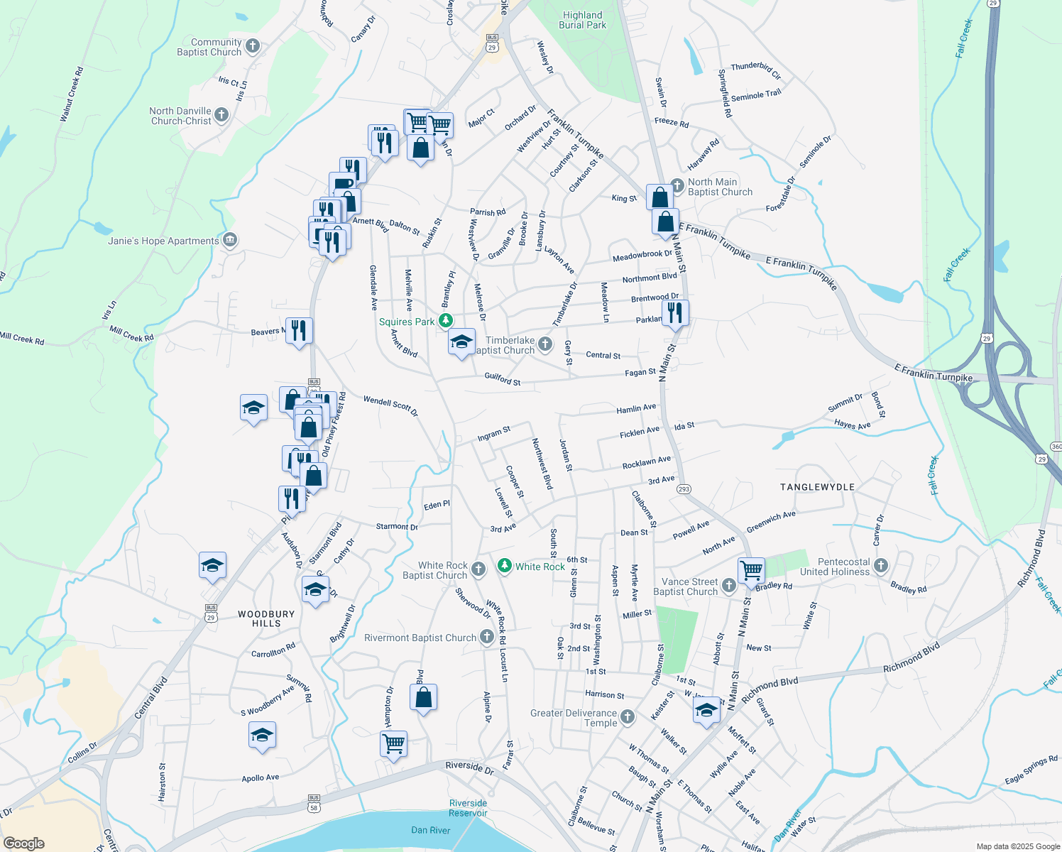 map of restaurants, bars, coffee shops, grocery stores, and more near 500 Ingram Street in Danville