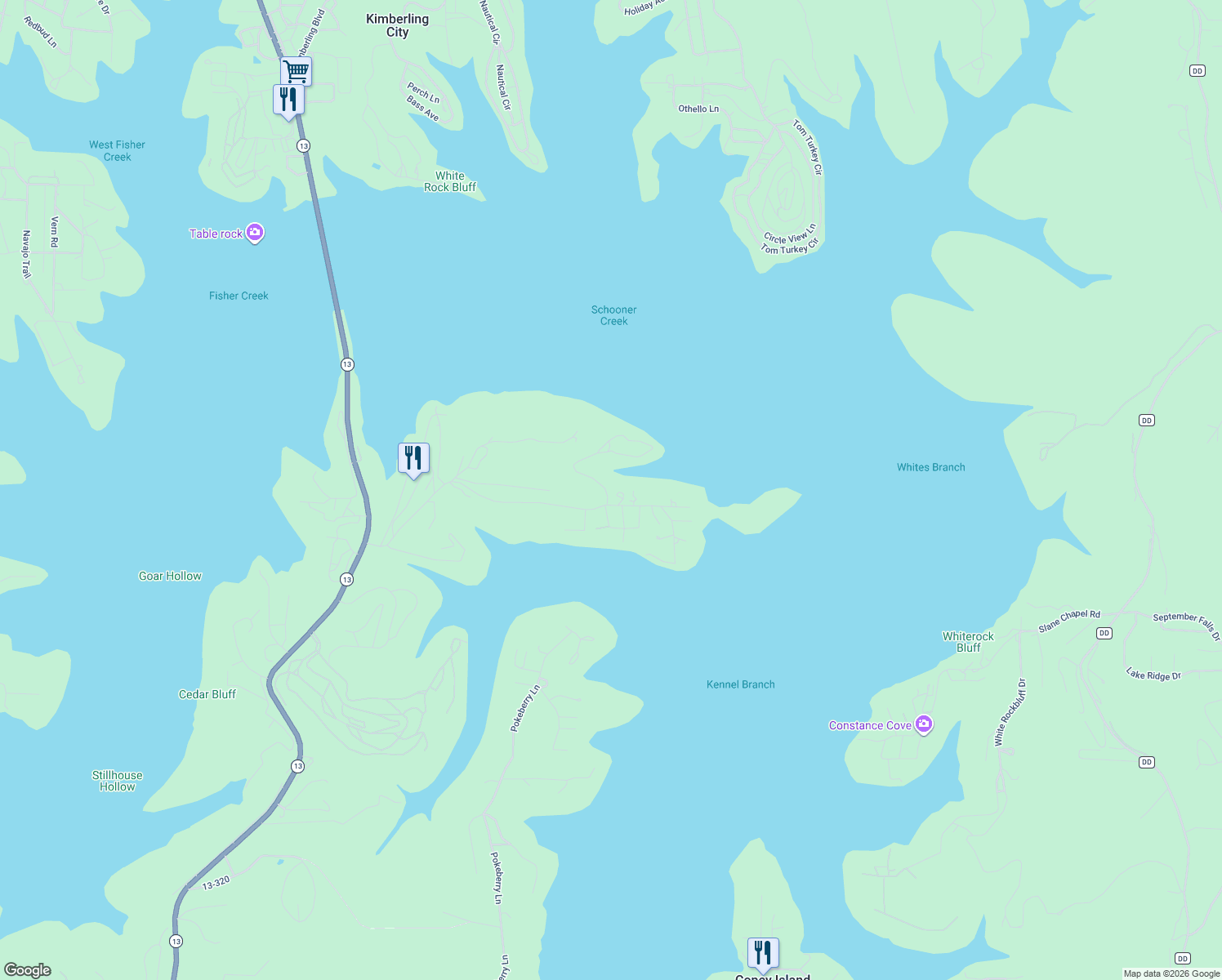map of restaurants, bars, coffee shops, grocery stores, and more near County Road 13-310 in Kimberling City