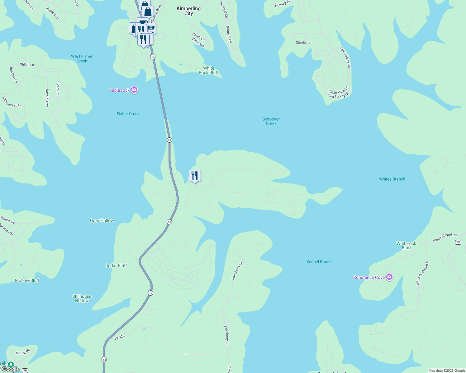 map of restaurants, bars, coffee shops, grocery stores, and more near 226 Lylian Lane in Kimberling City