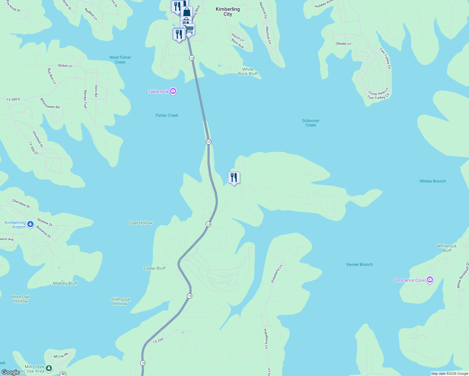 map of restaurants, bars, coffee shops, grocery stores, and more near 165 South Port Lane in Kimberling City