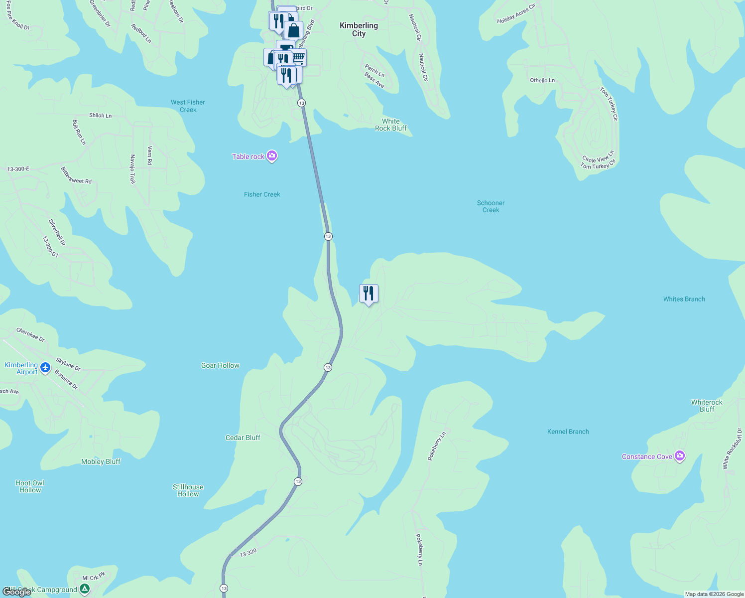 map of restaurants, bars, coffee shops, grocery stores, and more near 1-37 S Port Ln in Kimberling City