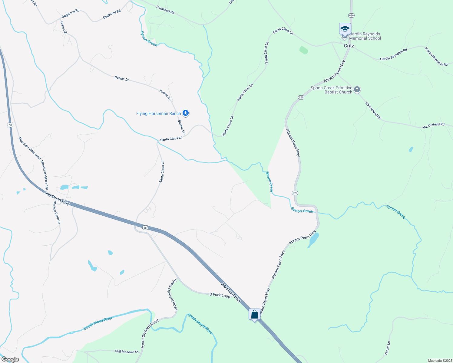 map of restaurants, bars, coffee shops, grocery stores, and more near Bill Doss Lane in Patrick Springs