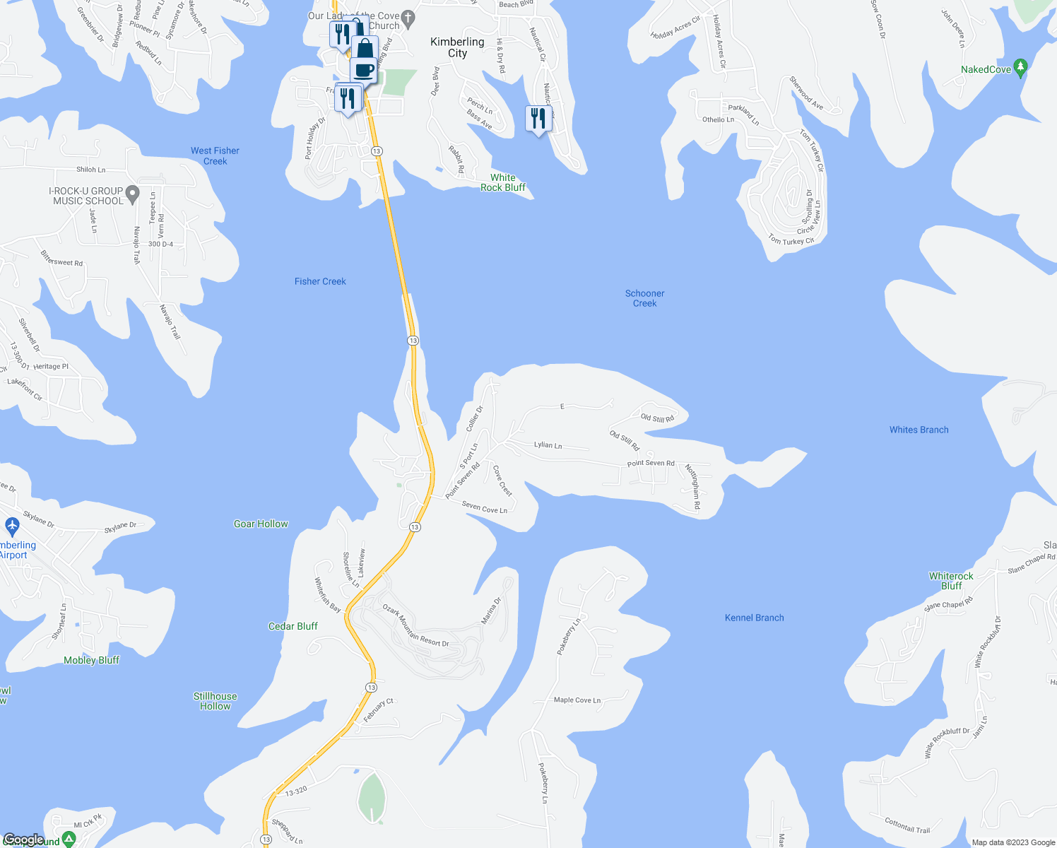 map of restaurants, bars, coffee shops, grocery stores, and more near 62 Silverbridge Lane in Kimberling City